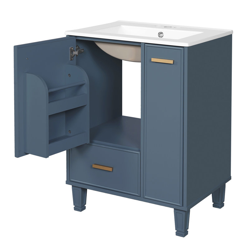 Meuble-lavabo 24 po avec lavabo, armoire de salle de bain avec tablette de porte, tiroir profond, panier coulissant à 2 niveaux, structure en bois massif et panneau de fibres à densité moyenne, un paquet, bleu gris