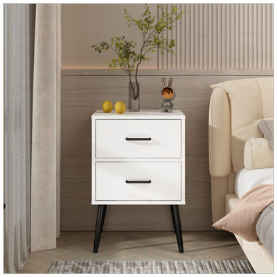 2-Drawer Nightstand with Metal Legs and Handles, Modern Bedside Table for Compact Spaces, Durable MDF Construction, Spacious Storage