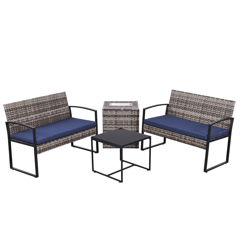 4 Piece Outdoor PE Wicker Furniture Set, Patio Rattan Sectional Sofa Couch with Washable Cushions, Light Blue