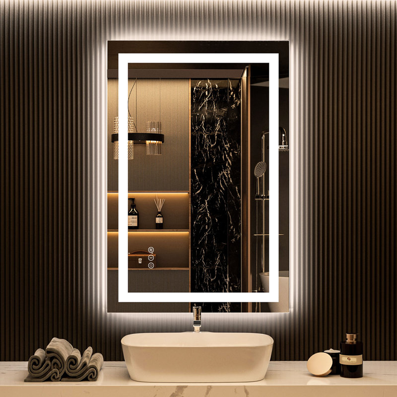 Rectangular Frameless Anti-Fog LED Light Wall Bathroom Vanity Mirror, 28" x 36"