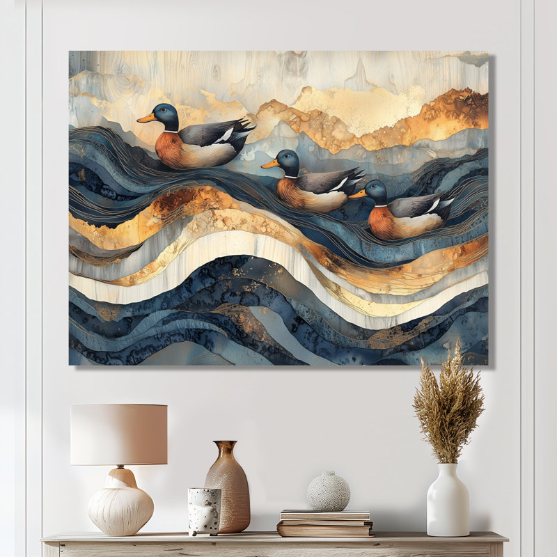 «Draizy Ducks Family At The Lake Landscape I - Duck», art mural, H 16 po x l 32 po, Toile tendue, Ne s’applique pas