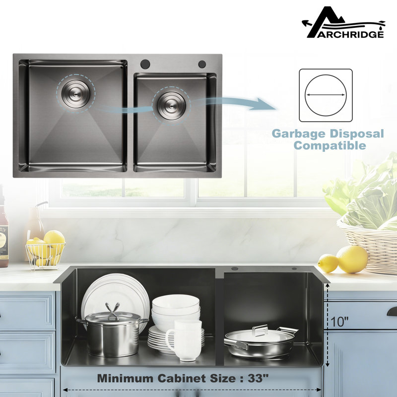 Évier de cuisine à double cuve encastrée en acier inoxydable L 32 po x l 19 po, Noir