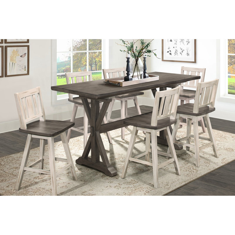 2 chaises de hauteur comptoir en bois d'hévéa massif, gris blanc, pivotant à 360 degrés, dossier à lattes verticales, 2 repas en bois d'hévéa rustique, 360 Spin
