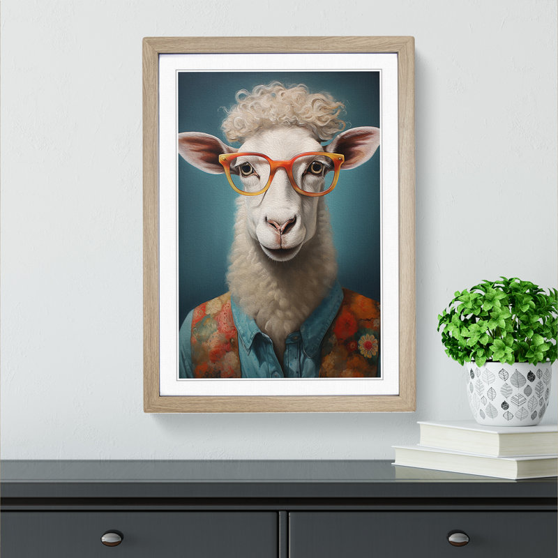 Sheep with Glasses Painting - Framed Print, 34cm H x 25cm W x 2cm D, Oak Framed