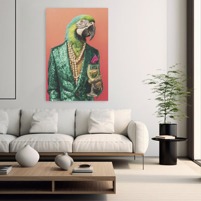Parrot In Emerald Green Blazer Surreal Contemporary Bird Wall Art Print 1 Piece Wrapped Canvas Wall Art