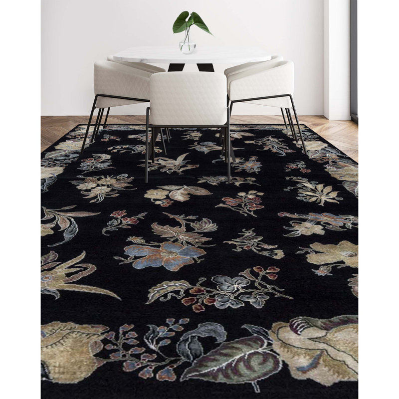 Dharma Hand Woven Silk and Wool Floral Area Rug, Rectangle 6'1" x 9'