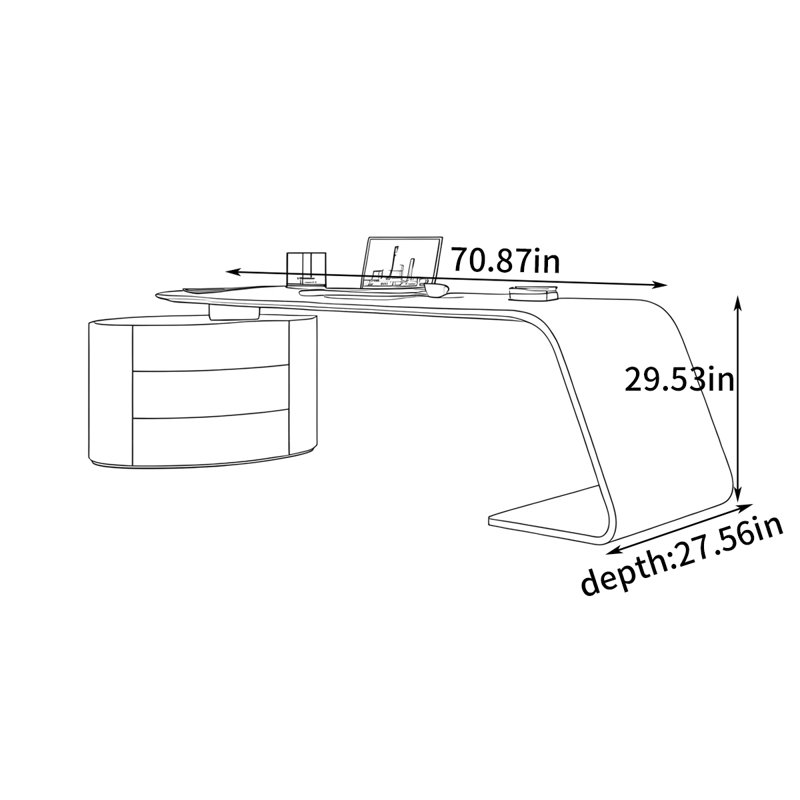 Bureau moderne de style italien, H 29,53 po x l 70,87 po x P 27,56 po