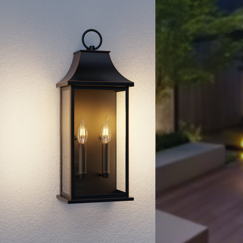 Alletta 20.6'' H 2-Light Aluminum Wall Sconce with Dusk-to-Dawn Sensor, Matte Black/Gold