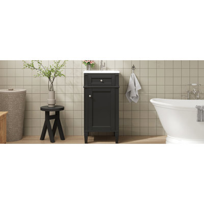 Meuble-lavabo français de 16 pouces avec lavabo lisse, porte à fermeture en douceur, fabrication en bois massif, pieds en céramique polyvalents avec rangement, charnières fermées, grande capacité