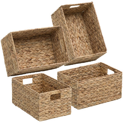 9" W x 13.25" D Rectangular Natural Water Hyacinth Hand Woven Rattan Wicker Storage Basket Set with Iron Wire Frame (Set of 4)