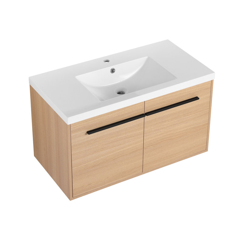 Ensemble de meuble-lavabo luxueux avec lavabo à poser en résine et quincaillerie de qualité supérieure, Chêne