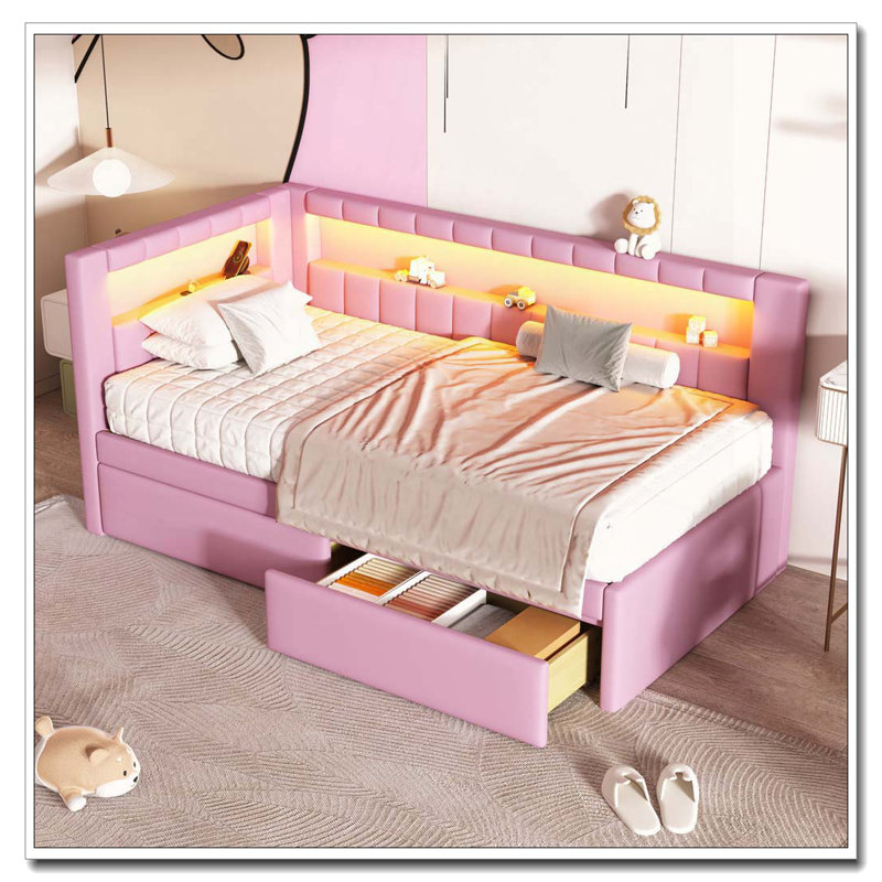 Upholstered Daybed with USB Ports and LED Belt, With 2 Drawers, Pink