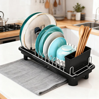Égouttoir à vaisselle compact pour petits espaces avec fentes pour assiettes réglables et porte-couverts, égouttoir de comptoir de cuisine peu encombrant avec plateau en plastique