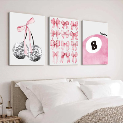 Tendance à la mode rose arcs ensemble de 3 coquettes BCBG cerise rose clair mignonne Girly Lucky 8 balles impressions sur toile esthétique pour le dortoir du Collège salon chambre à coucher encadré 16 x 24 pouces