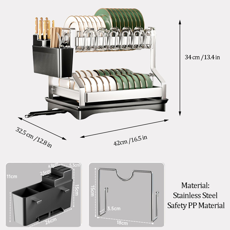 Two-Tier Stainless Rust-Resistant Adjustable Dish Rack, Silver