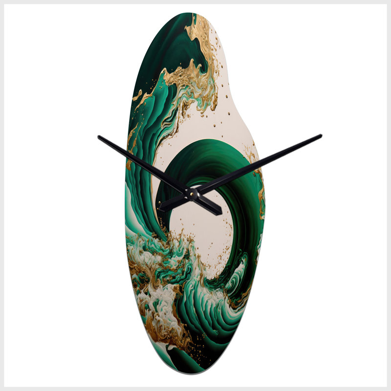 Horloge murale en forme de spirale abstraite, émeraude verte et dorée, vagues abstraites IV, Grand