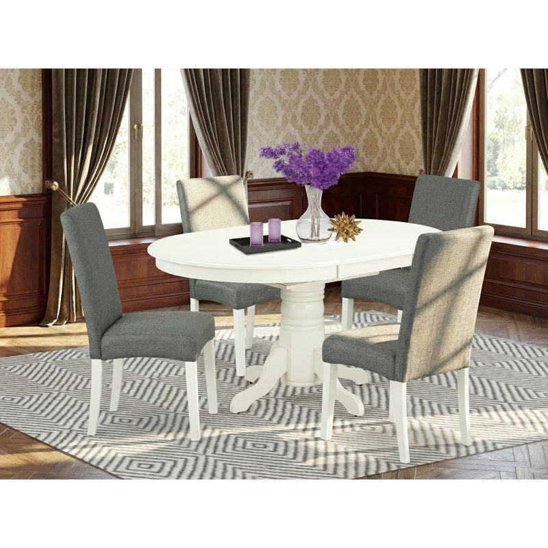 Ensemble de 5 pièces pour 4 pièces comprenant une table de salle à manger ovale avec rallonge papillon et 4 chaises de salle à manger Parson en tissu gris, lin blanc