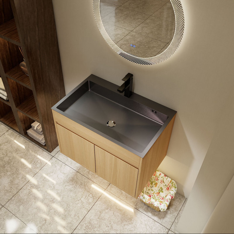 Meuble-lavabo mural 28 po avec lavabo en acier inoxydable et rangement à fermeture en douceur