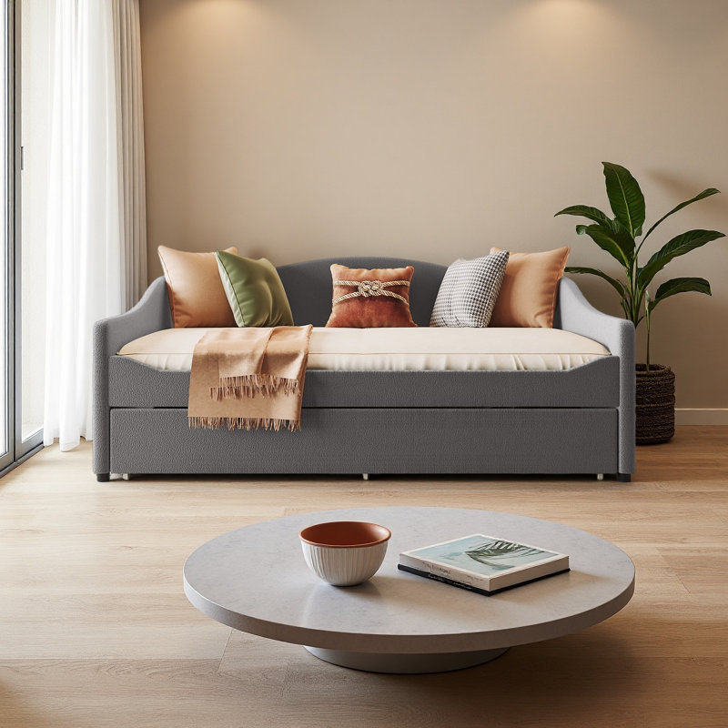 Full Size Upholstered Daybed With Light And Trundle, Gray