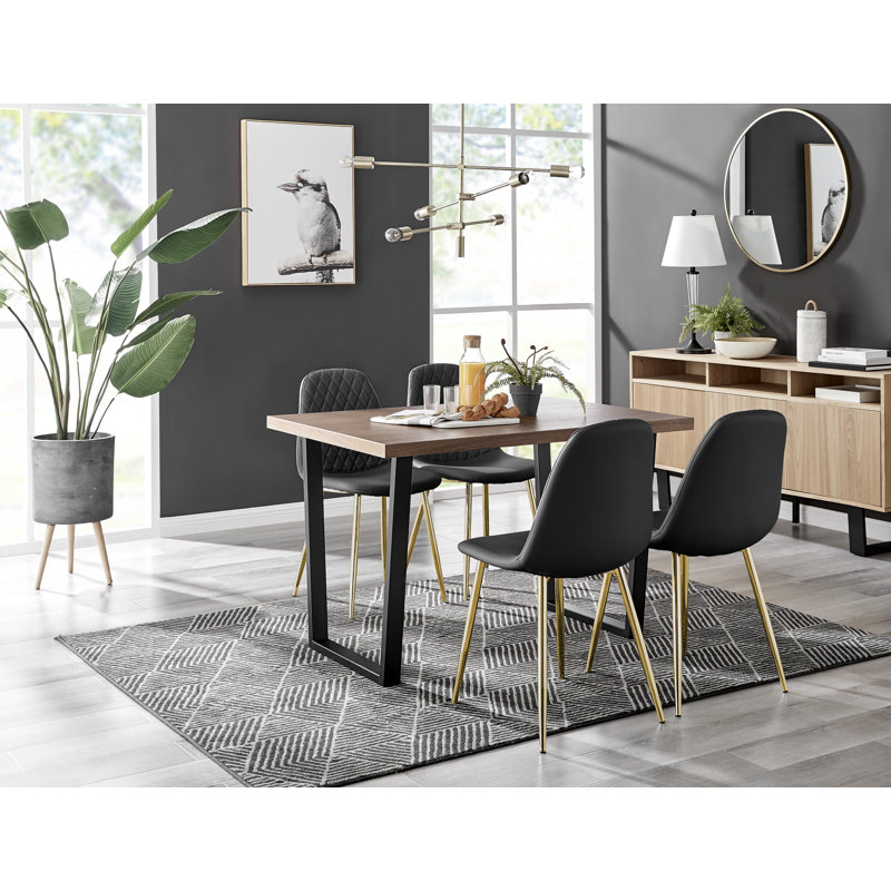 Edward Wood Effect Pedestal Dining Table Set with 4 Luxury Faux Leather Dining Chairs, Black/Gold