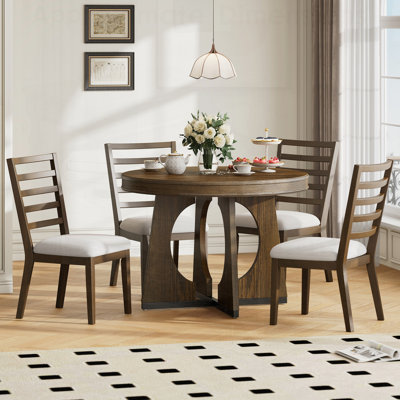 Table de salle à manger ronde pour 4 personnes avec chaises, conception extensible avec rallonge centrale amovible, style rétro géométrique pour la cuisine et la salle à manger