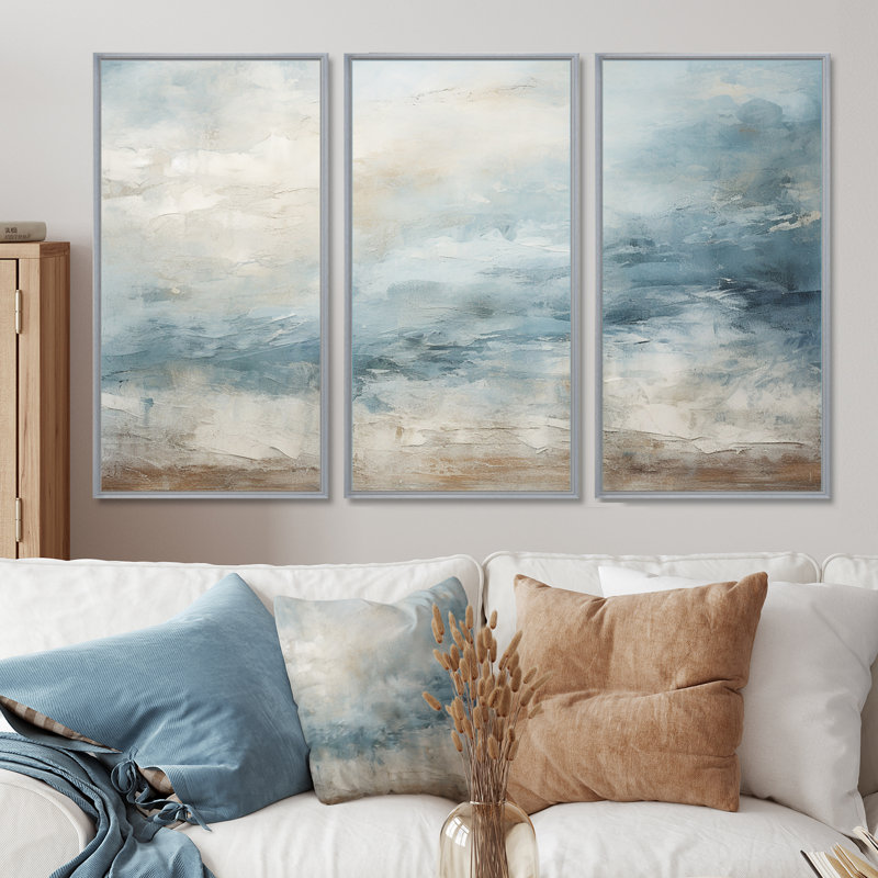 Beige Blue Ocean Storm I - Abstract Shapes Canvas Art Set, Silver Floater Framed, 28" H x 36" W 
