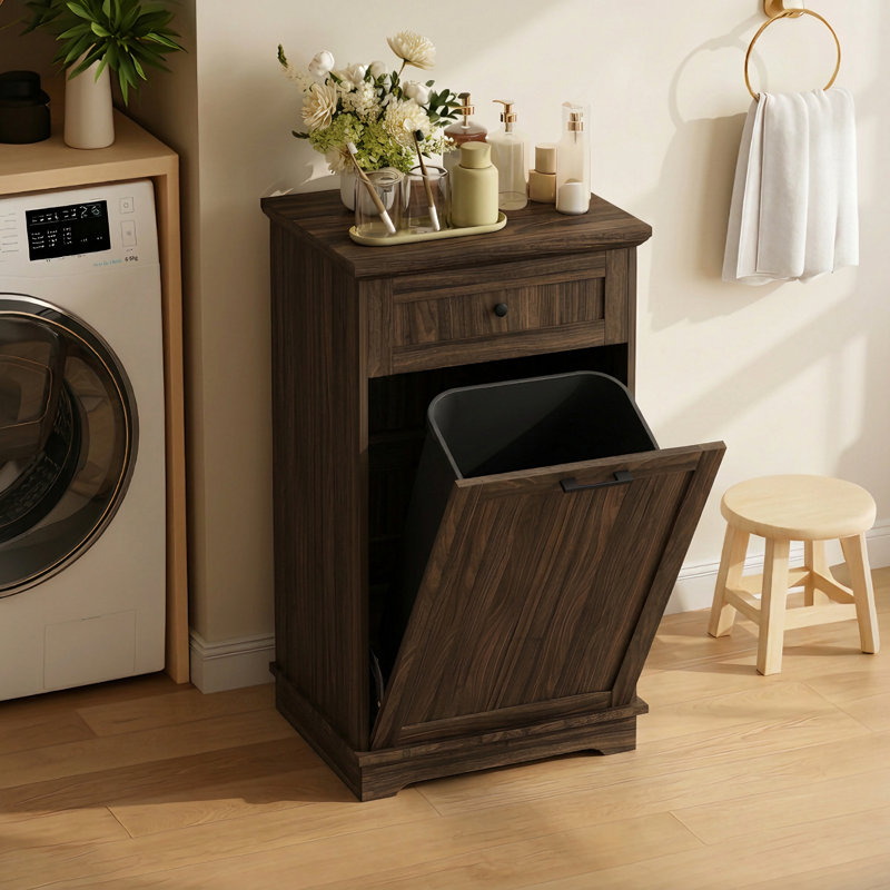 Tilt Out Trash Cabinet with Drawer, Wooden Hidden Garbage Bin Holder, Freestanding Kitchen Trash Can Storage Cabinet, Waste Bin Hideaway Station for Kitchen Dining Room