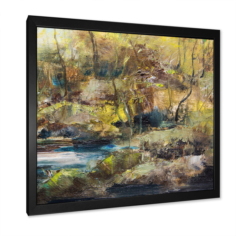 Illustration de paysage de rivière d'été IV - œuvre d'art traditionnelle sur toile, Cadre photo noir