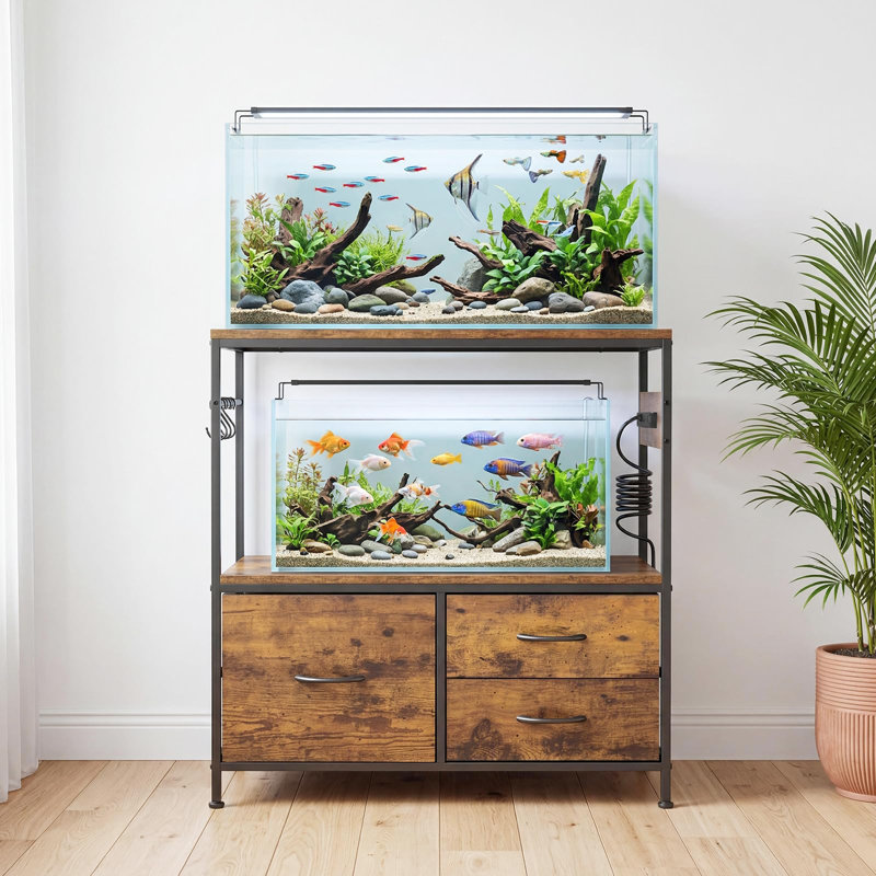 Support d'aquarium de 20 à 29 gallons, support d'aquarium double en métal avec armoire, support de terrarium robuste pour reptile, étagère d'aquarium de bureau à domicile, capacité de 330 lb (sans aquarium)