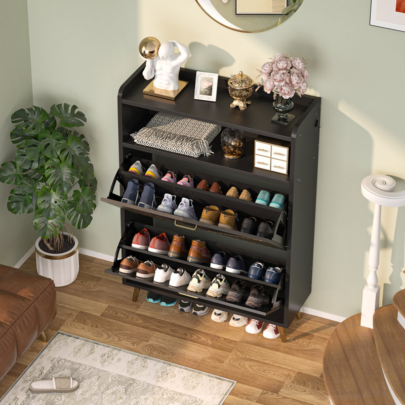 30 Pairs Shoe Storage Cabinet with Flip Doors and Motion Sensor Night Light, Black