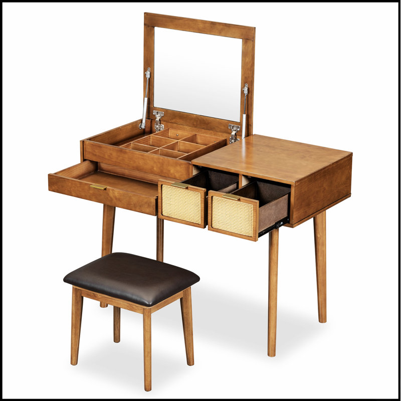Ensemble de coiffeuse classique en bois avec miroir rabattable, tabouret et rangement spacieux pour des routines de beauté élégantes