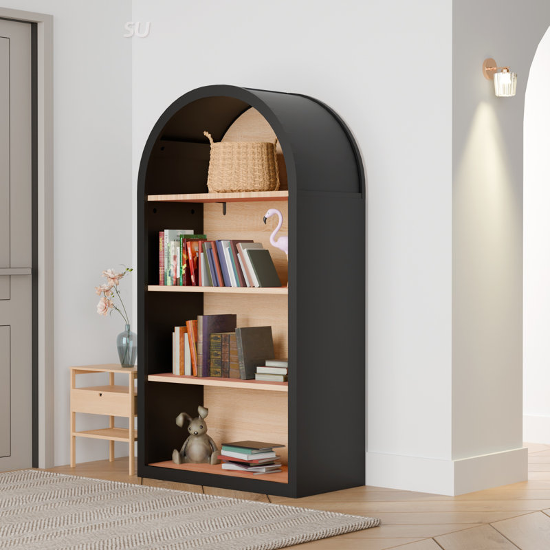 Bibliothèque à 4 niveaux arquée de 43 pouces de hauteur avec tablettes de rangement pour un décor moderne et rétro