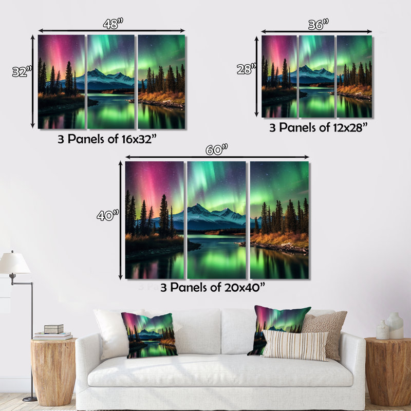 Yukon Dream Aurora III sur toile, reproduction de 3 pièces, H 40 po x l 60 po x P 1 po
