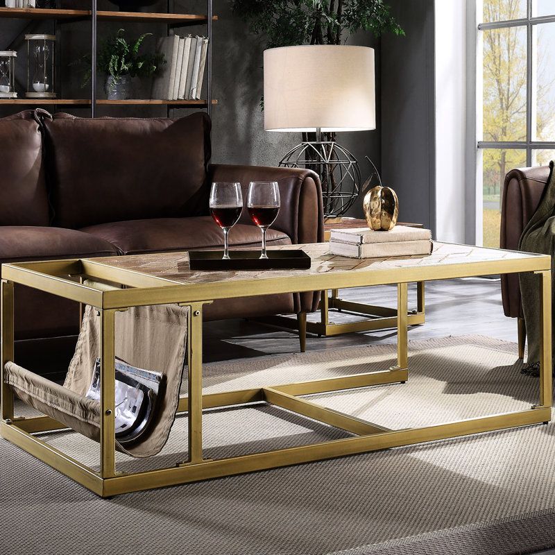 Rectangular Coffee Table With Magazine Compartment - Retro Brown Leather, Metal Support, Effortless Assembly Spacious Holder Frame, Procedure