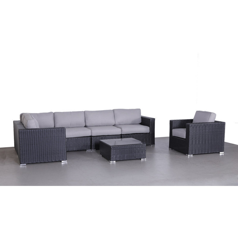 Ensemble de conversation en osier pour 5 personnes avec coussins Oltorf, Noir