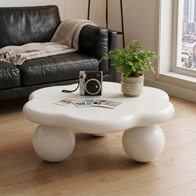 Modern 35" Petal-Shaped Coffee Table with Three Ball Legs, Minimalist Low Accent Table for Living Room and Lounge Spaces