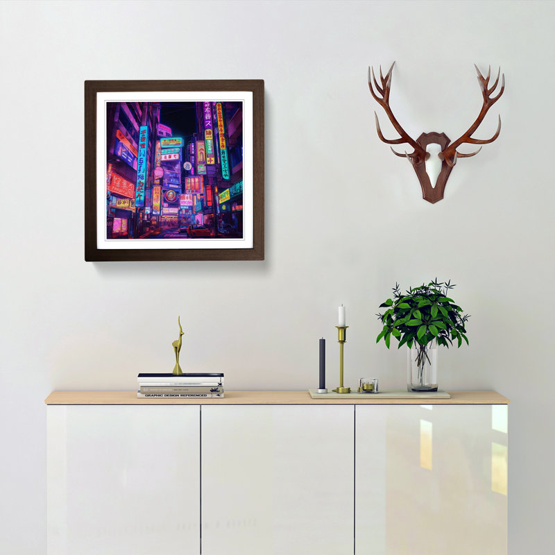City Of Tokyo Neon Art - Single Picture Frame Print on Wood, Walnut