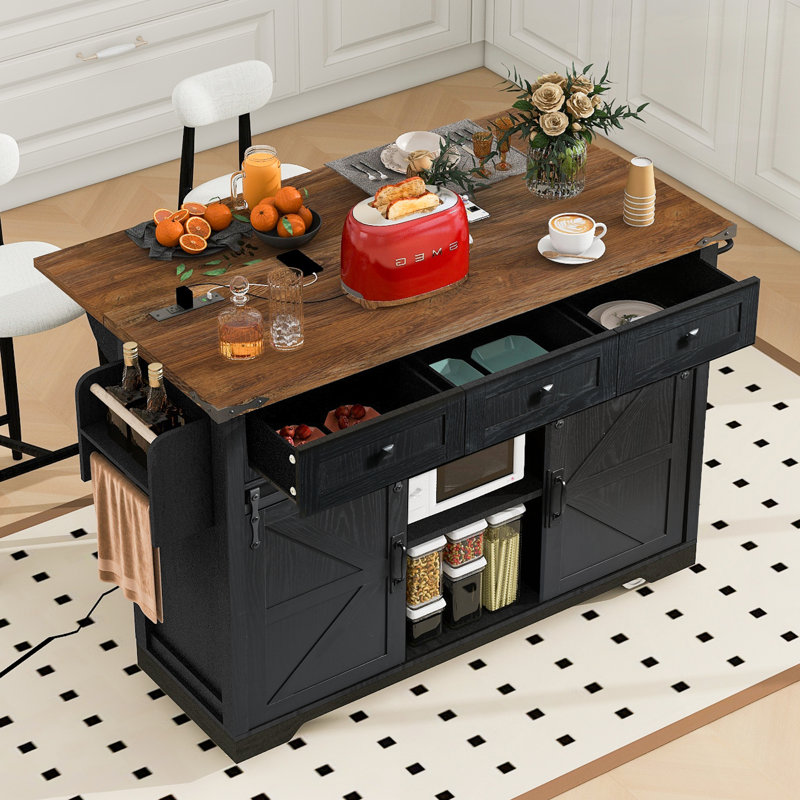 Farmhouse Kitchen Island With Power Outlet, Sliding Barn Doors, And Drop Leaf For Extra Counter Space And Storage, Black
