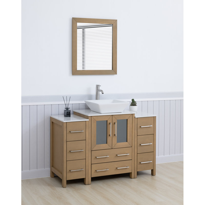 Ensemble de meuble-lavabo autoportant à simple cuve 48 "avec plateau en marbre et miroir assortis Ravenna, Chêne naturel