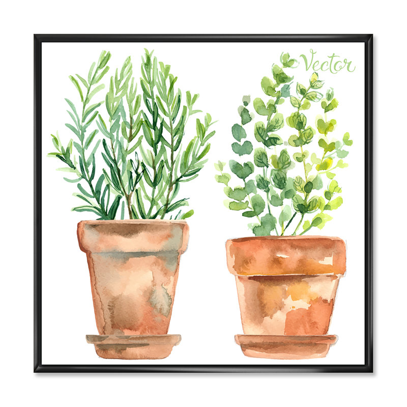 Deux plantes vertes dans des pots de fleurs orange - peinture sur toile, H 36 po x l 36 po x 1,5 po, Cadre flottant noir