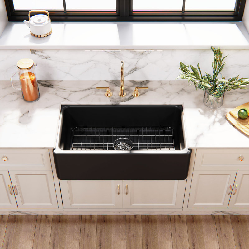 Kingston Brass Kaolin 33-Inch Fireclay Farmhouse Kitchen Sink, Matte Black