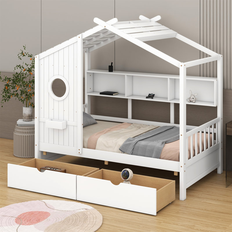 Sieger Wooden House Bed with 2 Drawers with Storage Shelf, White, Twin