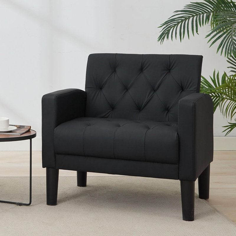 Armchair Modern Accent Chair Comfy Upholstered Seats Armchairs for Living Room Bedroom Dining Room, Black Leather, 1