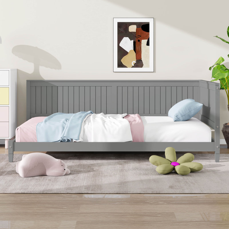 Lit de jour simple en bois, cadre de lit en bois avec tête et buffet, canapé-lit en bois avec support à lattes, Gris