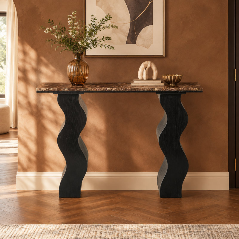 Console en marbre de 120 cm (47,24 po), table d'entrée avec pattes ondulées en bois noir