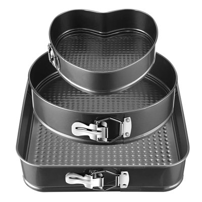 3-Piece Non-Stick Cake Mould Set: Heart/Round/Square With Removable Spring-Loaded Bottom Food-Grade Stainless Steel Baking Pan Set Suitable For Cheesecake Pie Desserts Birthday & Wedding Baking