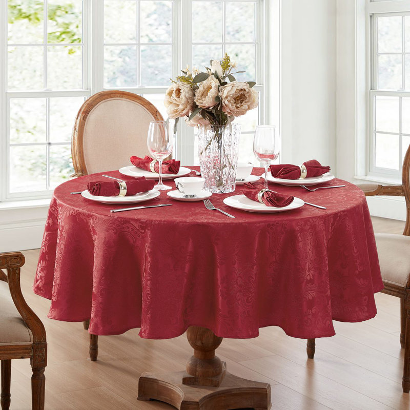 Red Jacquard Rain Resistant Round Tablecloth, 90"