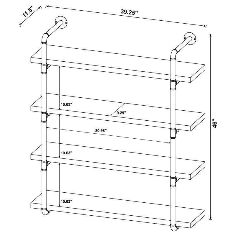 Olivia 4-Shelve Industrial Pipe Wall Shelf , Rustic Oak, 46" H x 39.25" W x 11.5" D