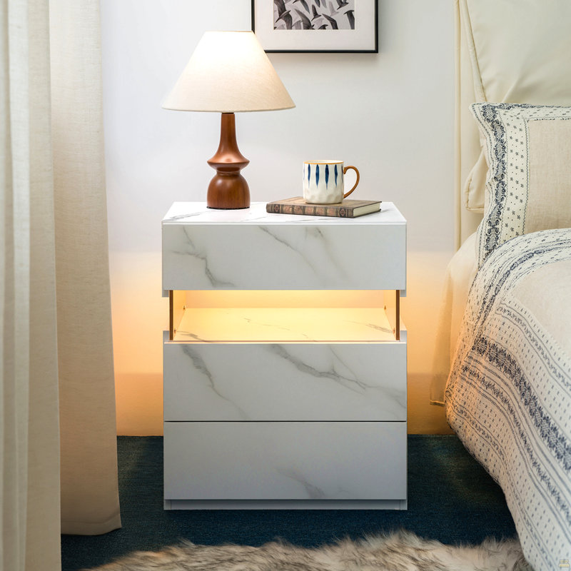 Commode 3 tiroirs à DEL avec tables de chevet et lumières de couleur 16RGB, Blanc pierre