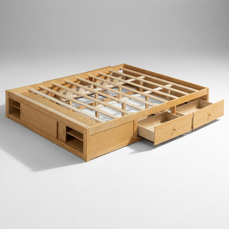 Queen Size Platform Bed Frame with Storage Drawers and Footboard Cubby, Modern Space-Saving Design Without Headboard, Natural